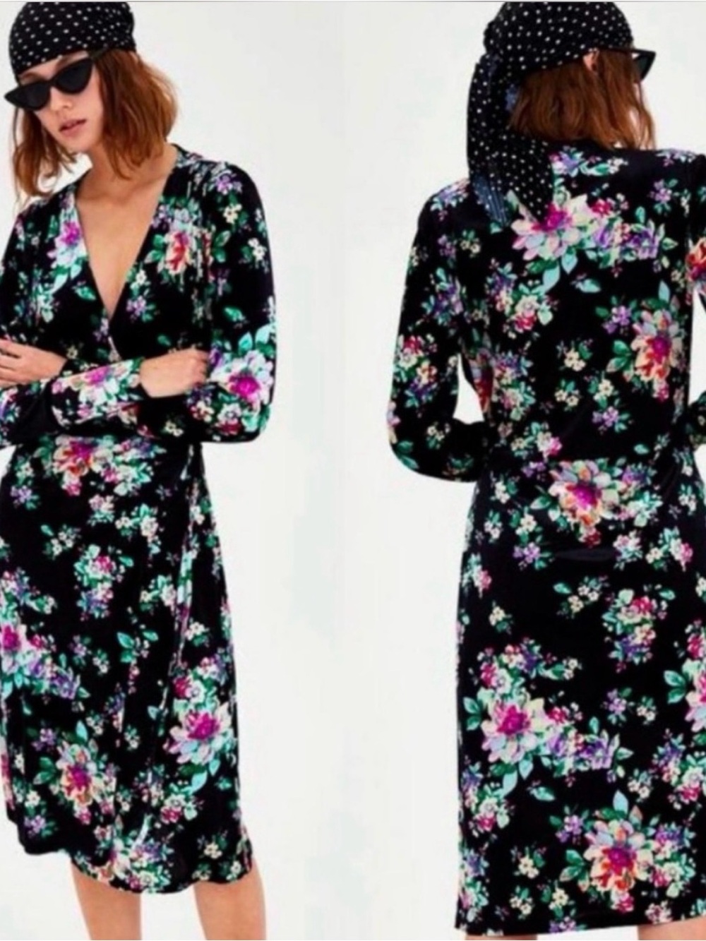 Zara Floral Wrap Midi Dress - Black with Pink & Green Floral Large
